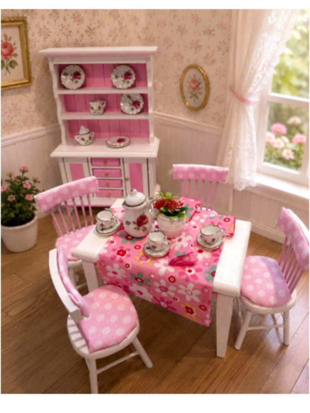 Dollhouse Miniature Dining Table 4 Chairs Pink White Hand Painted Wood Set 1:12
